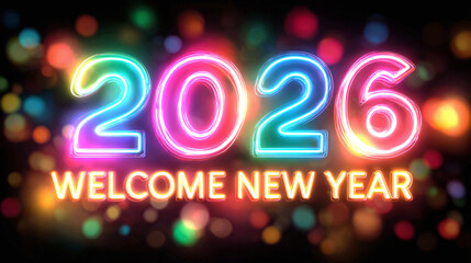Vibrant, glowing artwork displaying '2026' and 'Welcome New Year' against a dark background with colorful bokeh lights, capturing festive anticipation.