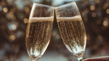 Champagne flutes raised in a celebratory toast, bubbles rising within golden liquid against bokeh lights, cheers to new beginnings.