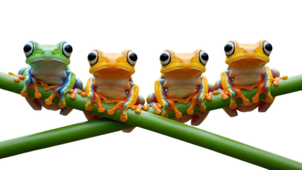 Four brightly colored red eyed tree frogs line up on a slender green branch against a black background