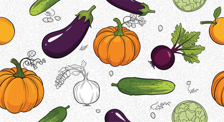 Fototapeta premium Colorful seamless pattern of whole and sketched vegetables like pumpkin, eggplant, and cucumber on a white background with a subtle doodle texture.