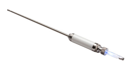 Cautery tool glowing with pink liquid, positioned on a transparent background, showcases precision and readiness for various medical procedures and surgical applications