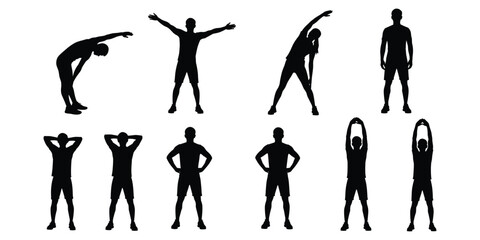 Male Silhouette Figures Performing Various Stretching Exercises on White Background Keywords: male, silhouette, man, person
