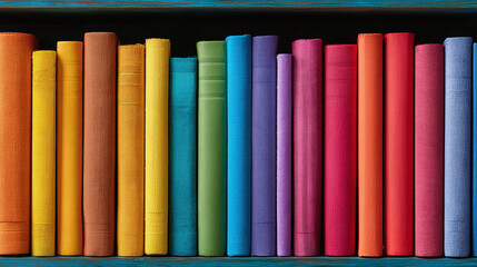 A vibrant collection of books is displayed on a shelf, boasting a full spectrum of colors that brightens any space.