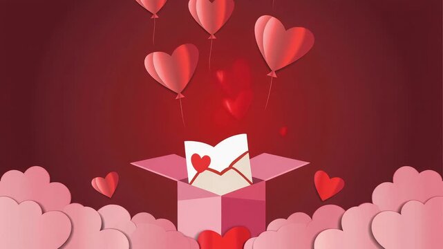 Red heart balloons floating out of an open gift box with a romantic love letter.
