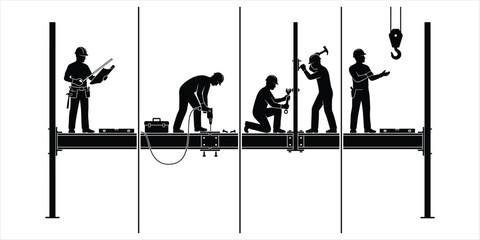 Silhouettes of construction workers assembling steel beams on a high-rise structure vector illustration