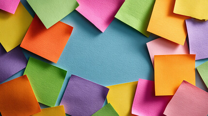 Colorful paper notes on blue background, creating a vibrant border around a blank space, ideal for brainstorming, planning, and creative projects.