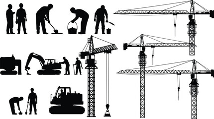 Silhouettes of construction workers operating heavy machinery and cranes on a building site vector illustration © rayhan039