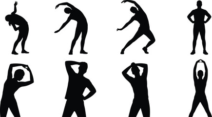 Silhouettes of people stretching and exercising in various poses on a white background Keywords: silhouette, person, people