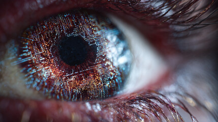 Macro shot of a digital eye with a circuit board pattern. The iris glows with intricate circuitry, symbolizing future technology visions.