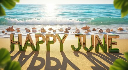 Happy june text on the beach with seashells and ocean waves background