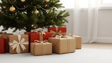 Beautifully wrapped Christmas gift boxes placed under a decorated Christmas tree in a cozy festive atmosphere.