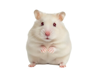 Isolated fluffy hamster with tiny paws, endearing pet rodent looks forward on neutral stage