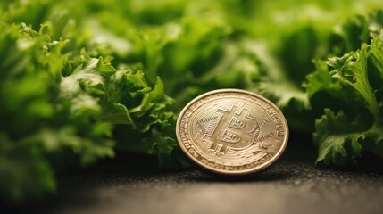 A Bitcoin coin rests among fresh green lettuce leaves, symbolizing the intersection of cryptocurrency and agriculture.