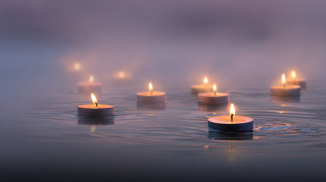 Floating Candles: A serene scene of lit candles gently floating on a tranquil body of water, creating a peaceful ambiance and reflective glow.