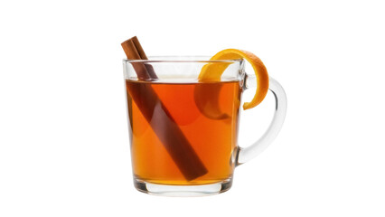 Isolated glass mug of hot toddy with cinnamon sticks and orange peel festive garnish