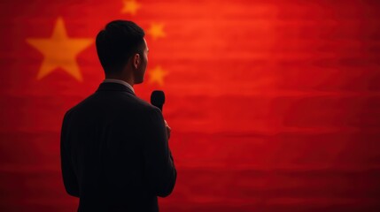 A man stands with a microphone before a large Chinese flag, suggesting a moment of speech or presentation related to China.