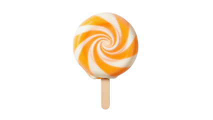 Isolated lollipop candy with orange and white swirl pattern and wooden stick, classic snack treat