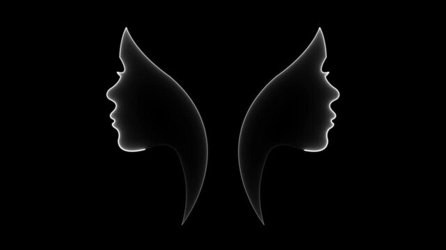 Glowing neon woman face profile silhouette icon animation on black background. 4k video.