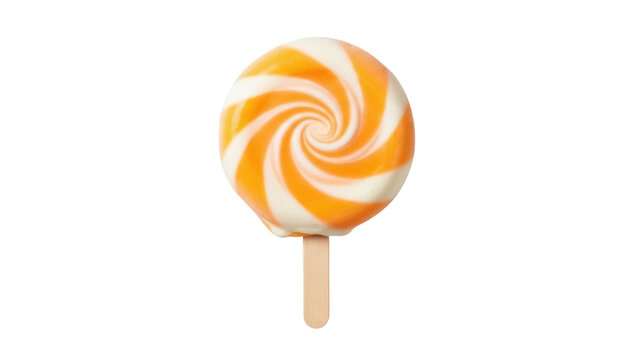 Isolated lollipop candy with orange and white swirl pattern and wooden stick, classic snack treat