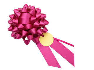 Isolated magenta ribbon gift bow with gold tag for party favors and decorations at celebrations