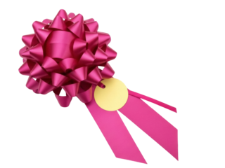 Isolated magenta ribbon gift bow with gold tag for party favors and decorations at celebrations