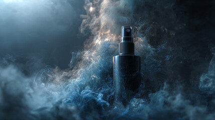 A sleek, dark spray bottle stands against an ethereal backdrop of swirling mist, creating a captivating and mysterious ambiance. Clean and fresh.