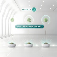Futuristic seed pods initiating digital growth in a white environment