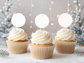 Christmas cupcake mockup with white frosting festive lights and fir branches