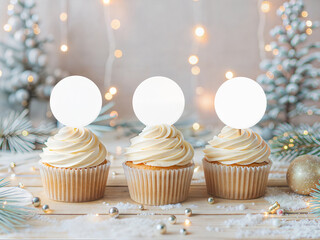 Christmas cupcake mockup with vanilla frosting snowy decor and warm lights