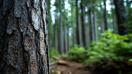 Forest path leading through trees with focus on textured tree trunk
