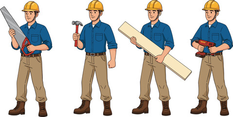 Cartoon construction workers with tools wearing safety gear, hard hats, and boots, representing teamwork, labor roles, and industrial occupations.