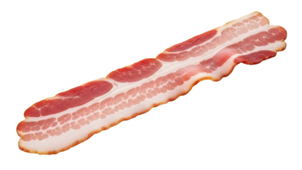 Raw bacon strip with pink meat and white fat isolated on a transparent background