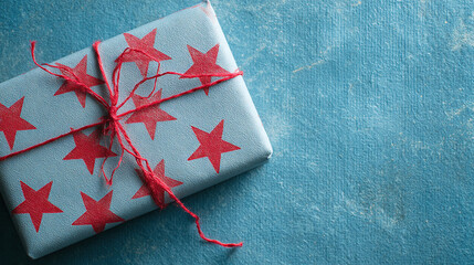 A gift wrapped in blue paper with red stars and tied with red twine sits on a blue textured surface, hinting at celebration and thoughtfulness.