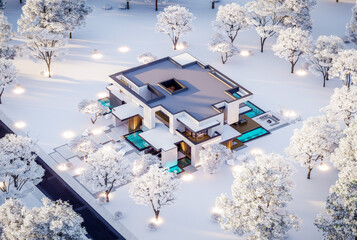3d rendering of two-story house with parking and pool for sale or rent with concrete facade and beautiful landscaping on background. Cool winter day with shiny white snow
