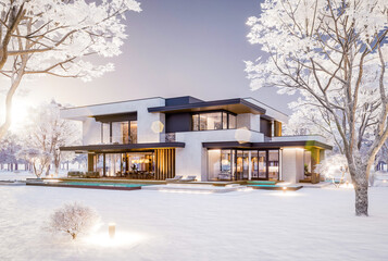 3d rendering of two-story house with parking and pool for sale or rent with concrete facade and beautiful landscaping on background. Cool winter day with shiny white snow