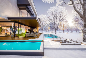 3d rendering of two-story house with parking and pool for sale or rent with concrete facade and beautiful landscaping on background. Cool winter day with shiny white snow