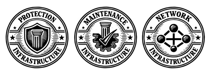 インフラ管理を象徴する円形バッジロゴのイラストセット、Circular badge logo illustration set for infrastructure management