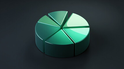 3D rendered pie chart, segmented into equal parts, shines in shades of turquoise and emerald, set against a sleek, dark gray background.
