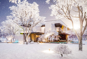 3d rendering of two-story house with parking and pool for sale or rent with concrete facade and beautiful landscaping on background. Cool winter day with shiny white snow