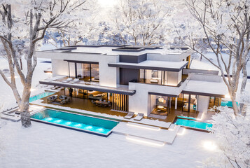 3d rendering of two-story house with parking and pool for sale or rent with concrete facade and beautiful landscaping on background. Cool winter day with shiny white snow