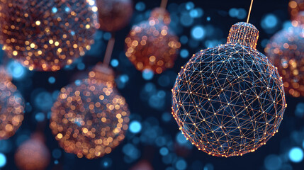 Festive digital decorations: A collection of glowing, wireframe-style ornaments on a bokeh-lit backdrop evokes holiday cheer and modern design.