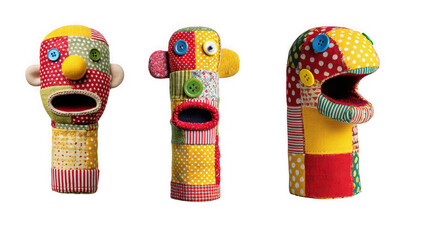 three colorful patchwork fabric monster dolls with varied expressions and button eyes displayed together on transparent background