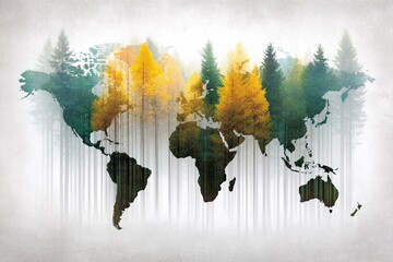 World map featuring trees and forest elements