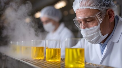 Scientists in protective gear examine yellow liquid samples in beakers within an industrial setting with steam
