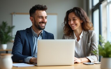 Obraz premium Two middle age business workers smiling happy and confident. Working together with smile on face using laptop at the office. High quality. High quality