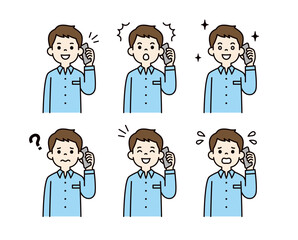 スマートフォンで通話する、様々な表情の20代・30代の男性の上半身ベクターイラスト素材セット＿カラー