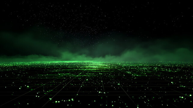 Futuristic green digital cityscape at night with stars - Powered by Adobe