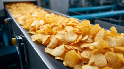 Sliced potatoes are transformed into crispy snacks on a conveyor belt, showcasing a vibrant array of golden chips ready for packaging in a lively factory setting