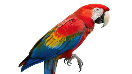 Isolated scarlet macaw perched on a branch, displaying vibrant red, yellow, and blue plumage