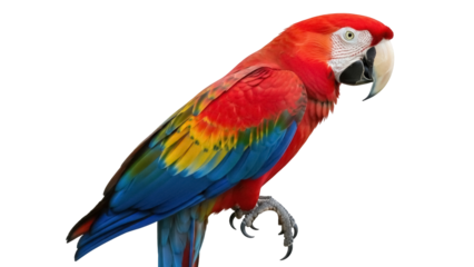 Isolated scarlet macaw perched on a branch, displaying vibrant red, yellow, and blue plumage